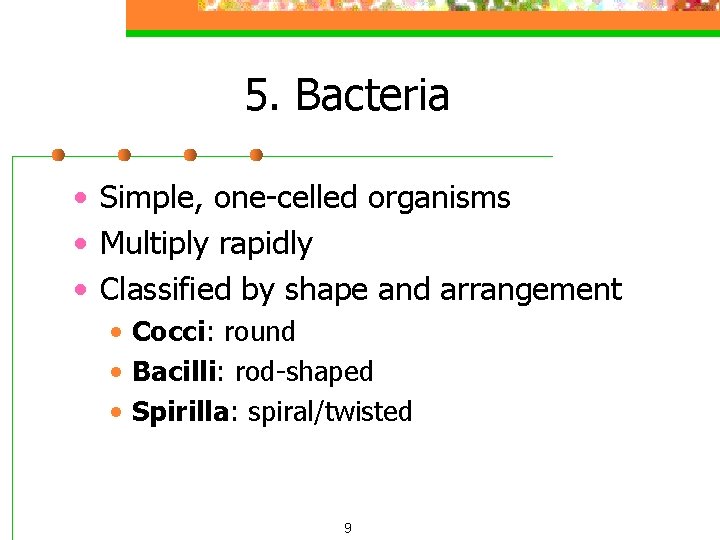 5. Bacteria • Simple, one-celled organisms • Multiply rapidly • Classified by shape and