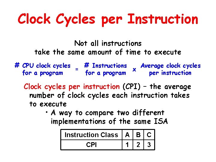 Clock Cycles per Instruction Not all instructions take the same amount of time to