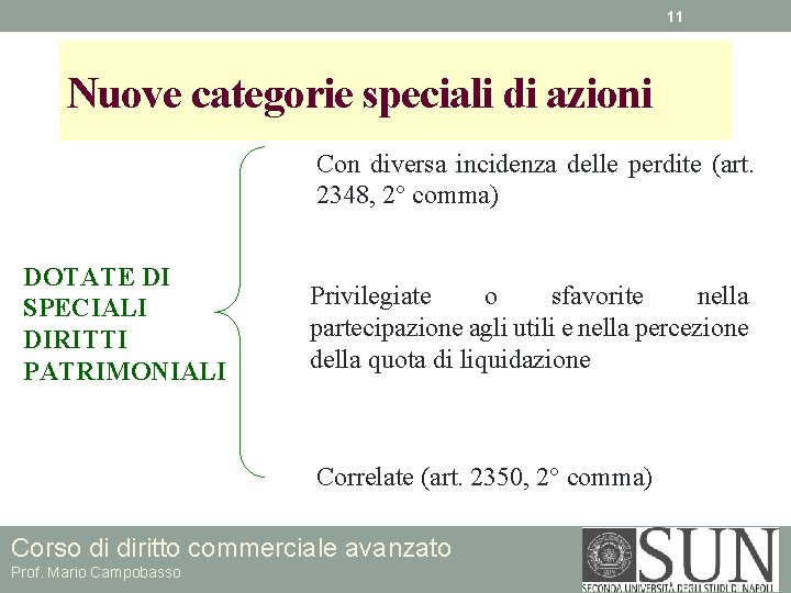 11 Nuove categorie speciali di azioni Con diversa incidenza delle perdite (art. 2348, 2°