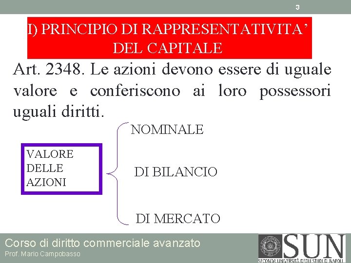 3 I) PRINCIPIO DI RAPPRESENTATIVITA’ DEL CAPITALE Art. 2348. Le azioni devono essere di