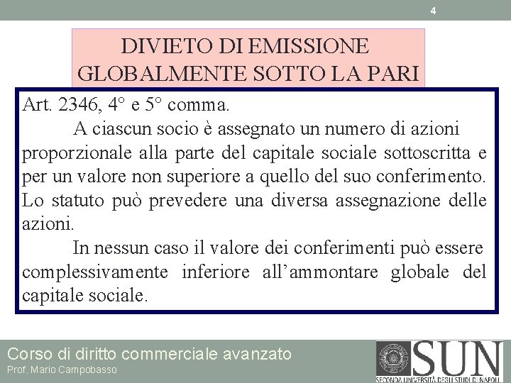 4 DIVIETO DI EMISSIONE GLOBALMENTE SOTTO LA PARI Art. 2346, 4° e 5° comma.