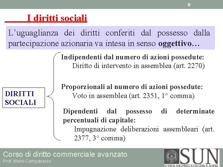 8 I diritti sociali L’uguaglianza dei diritti conferiti dal possesso dalla partecipazione azionaria va