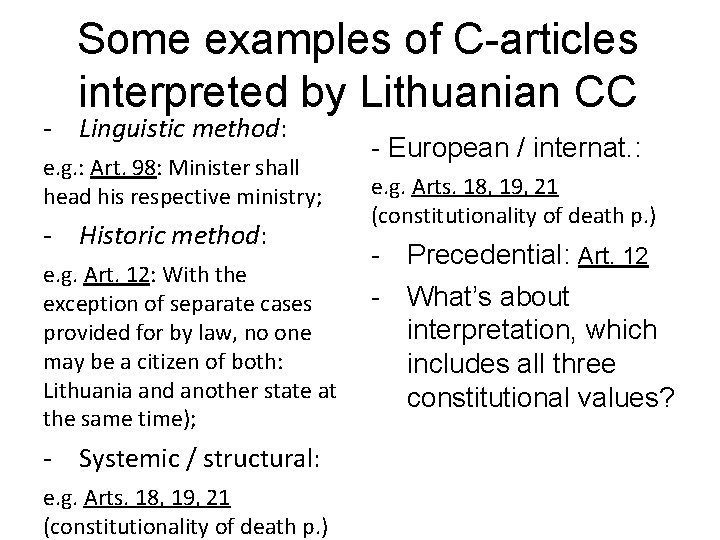 Some examples of C-articles interpreted by Lithuanian CC - Linguistic method: e. g. :