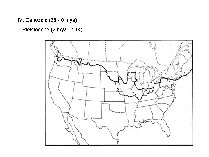 IV. Cenozoic (65 - 0 mya) - Pleistocene (2 mya - 10 K) IV. Cenozoic (65 - 0 mya) - Pleistocene (2 mya - 10 K)