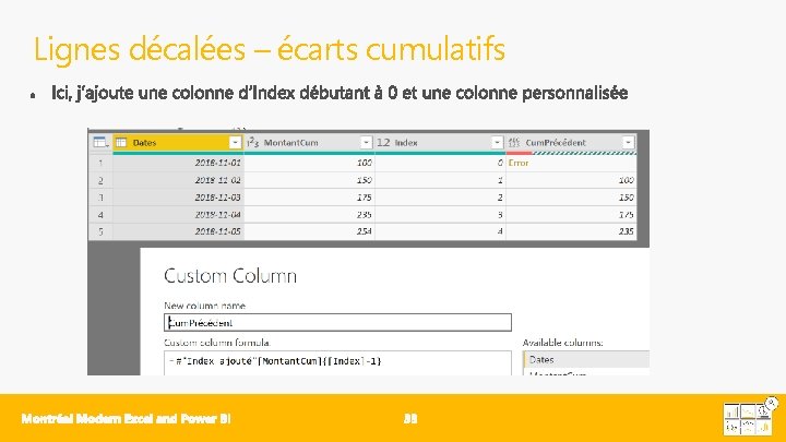 Lignes décalées – écarts cumulatifs 