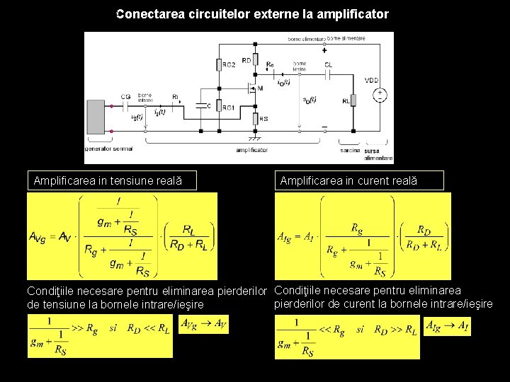 Conectarea circuitelor externe la amplificator Amplificarea in tensiune reală Amplificarea in curent reală Condiţiile