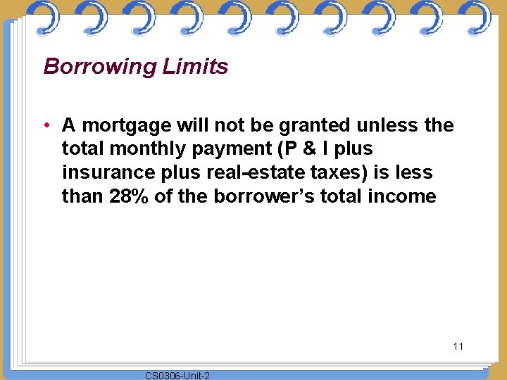 Borrowing Limits • A mortgage will not be granted unless the total monthly payment