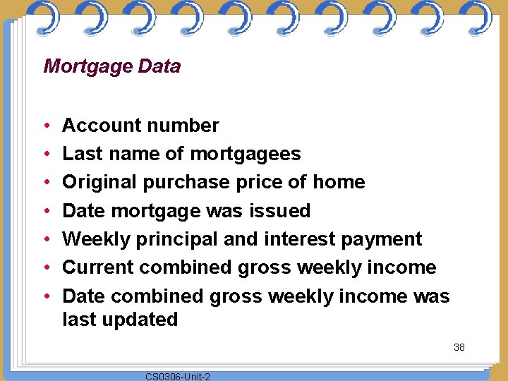 Mortgage Data • • Account number Last name of mortgagees Original purchase price of