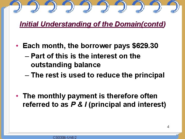Initial Understanding of the Domain(contd) • Each month, the borrower pays $629. 30 –