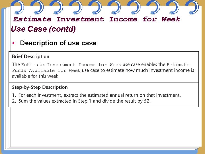Estimate Investment Income for Week Use Case (contd) • Description of use case Figure