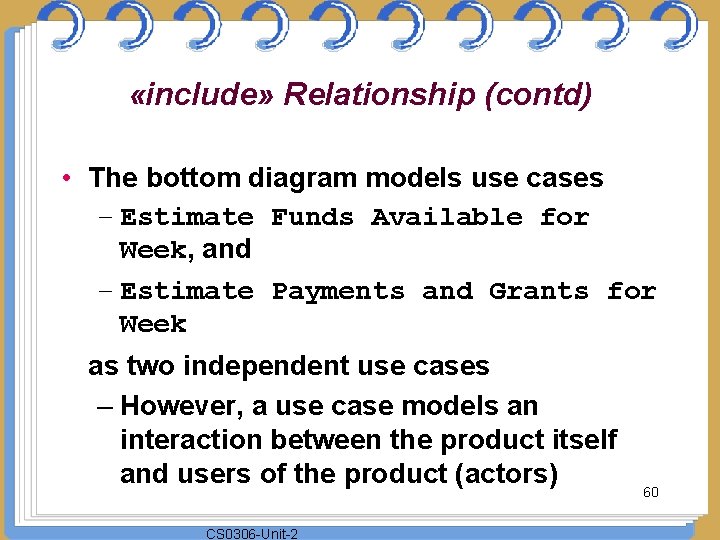  «include» Relationship (contd) • The bottom diagram models use cases – Estimate Funds