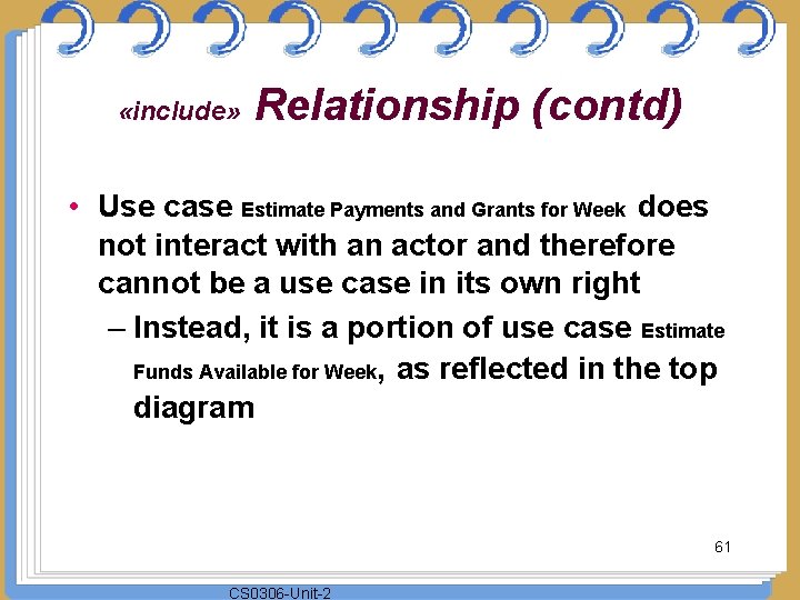  «include» Relationship (contd) • Use case Estimate Payments and Grants for Week does