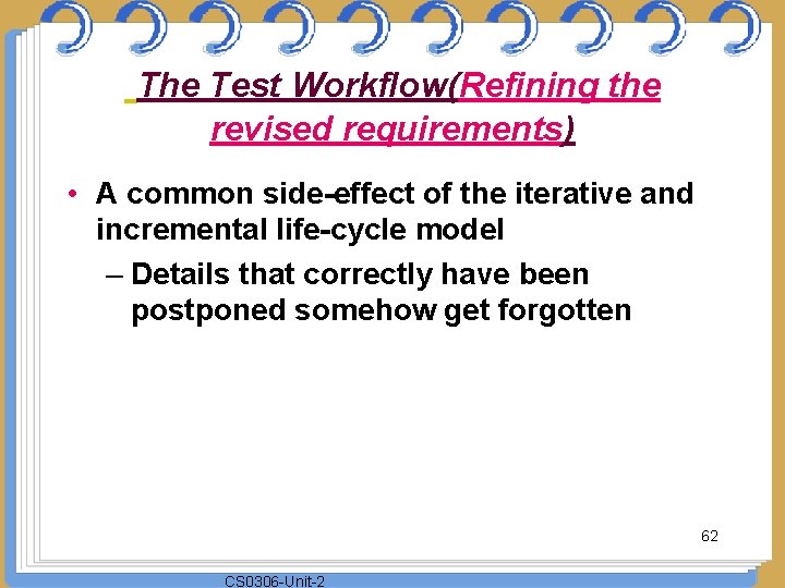 The Test Workflow(Refining the revised requirements) • A common side-effect of the iterative and