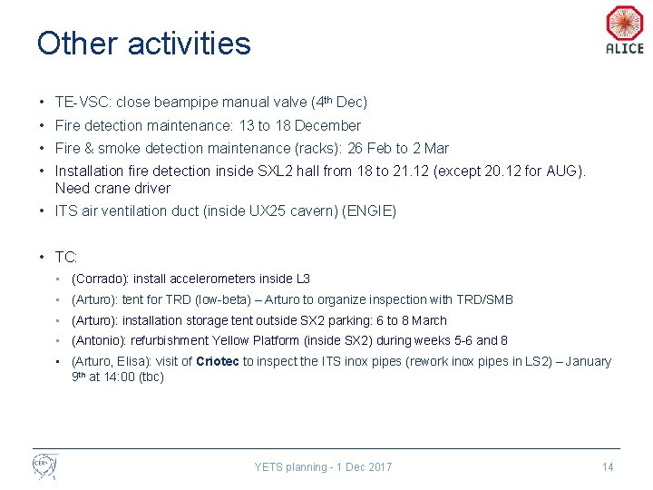 Other activities • TE-VSC: close beampipe manual valve (4 th Dec) • Fire detection