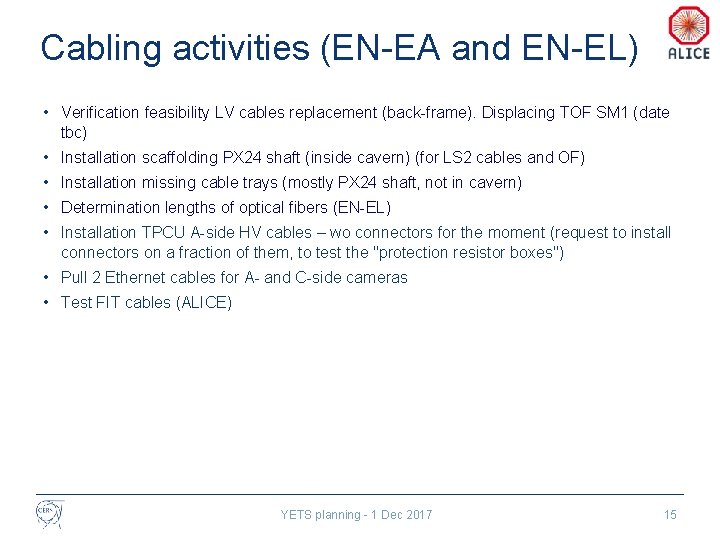 Cabling activities (EN-EA and EN-EL) • Verification feasibility LV cables replacement (back-frame). Displacing TOF