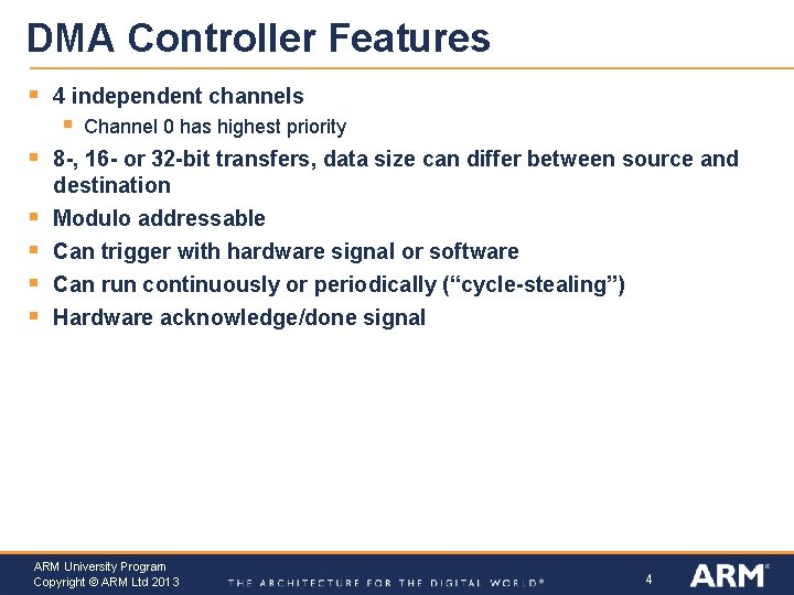 DMA Controller Features § 4 independent channels § § § Channel 0 has highest DMA Controller Features § 4 independent channels § § § Channel 0 has highest