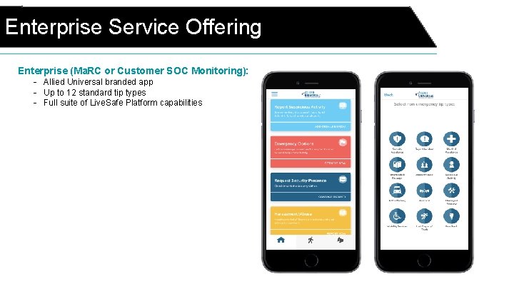 Enterprise Service Offering Enterprise (Ma. RC or Customer SOC Monitoring): - Allied Universal branded