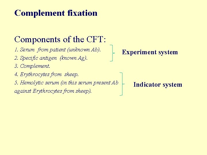 Complement fixation Components of the CFT: 1. Serum from patient (unknown Ab). 2. Specific