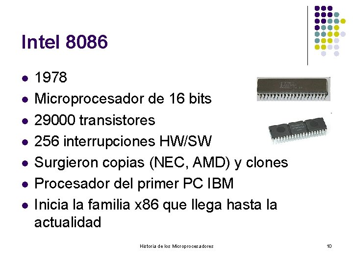 Intel 8086 l l l l 1978 Microprocesador de 16 bits 29000 transistores 256