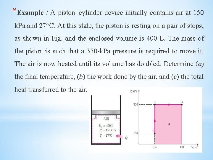 *Example / A piston–cylinder device initially contains air at 150 k. Pa and 27°C.