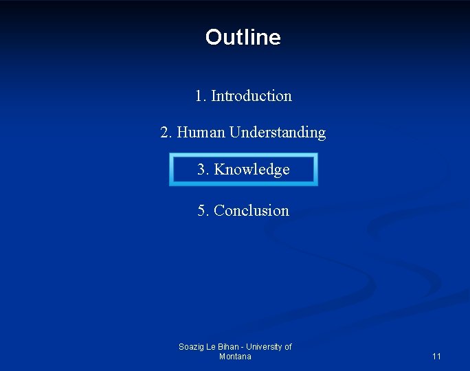 Outline 1. Introduction 2. Human Understanding 3. Knowledge 5. Conclusion Soazig Le Bihan -