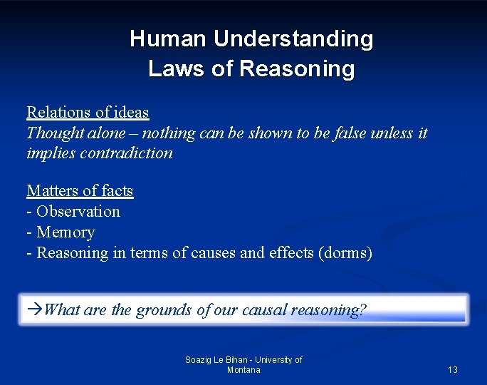 Human Understanding Laws of Reasoning Relations of ideas Thought alone – nothing can be
