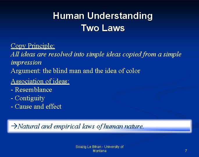 Human Understanding Two Laws Copy Principle: All ideas are resolved into simple ideas copied