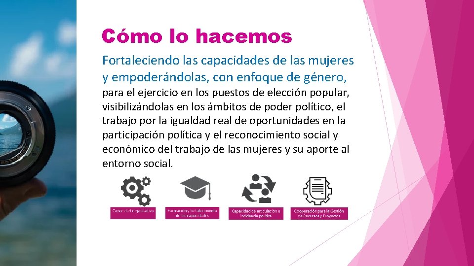 Cómo lo hacemos Fortaleciendo las capacidades de las mujeres y empoderándolas, con enfoque de