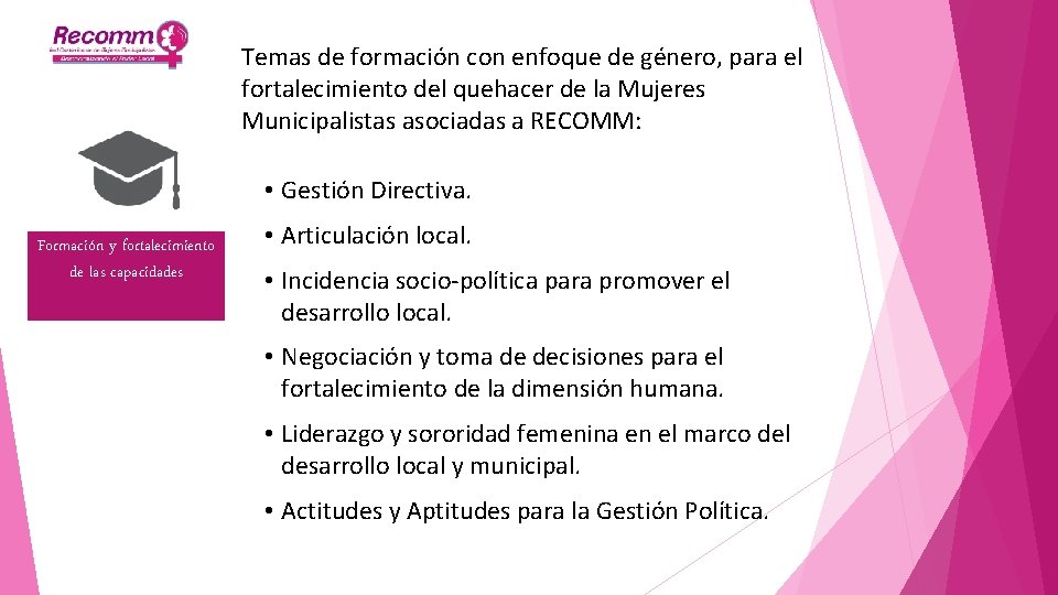 Temas de formación con enfoque de género, para el fortalecimiento del quehacer de la