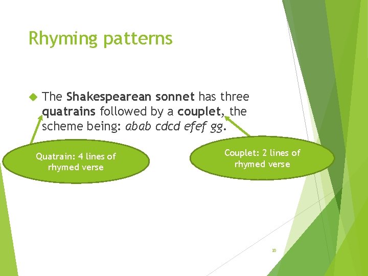 Rhyming patterns The Shakespearean sonnet has three quatrains followed by a couplet, the scheme Rhyming patterns The Shakespearean sonnet has three quatrains followed by a couplet, the scheme