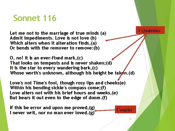 Sonnet 116 Let me not to the marriage of true minds (a) Admit impediments. Sonnet 116 Let me not to the marriage of true minds (a) Admit impediments.