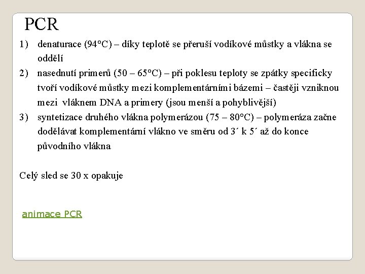 PCR 1) denaturace (94°C) – díky teplotě se přeruší vodíkové můstky a vlákna se