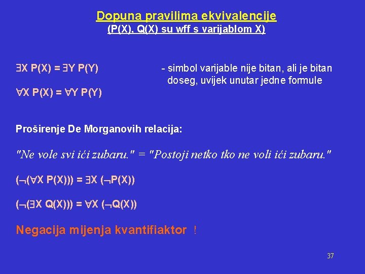 Dopuna pravilima ekvivalencije (P(X), Q(X) su wff s varijablom X) X P(X) = Y