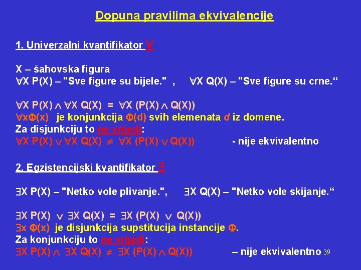 Dopuna pravilima ekvivalencije 1. Univerzalni kvantifikator X – šahovska figura X P(X) – "Sve