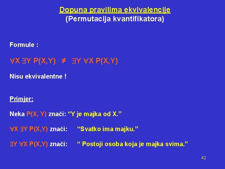 Dopuna pravilima ekvivalencije (Permutacija kvantifikatora) Formule : X Y P(X, Y) ≠ Y X