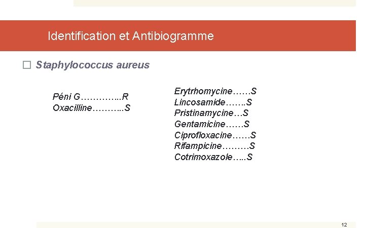 Identification et Antibiogramme � Staphylococcus aureus Péni G…………. . R Oxacilline………. . S Erytrhomycine……S