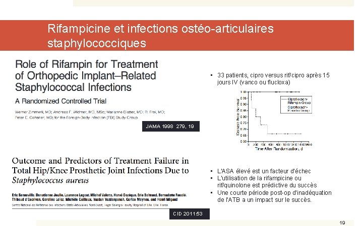 Rifampicine et infections ostéo-articulaires staphylococciques • 33 patients, cipro versus rif/cipro après 15 jours