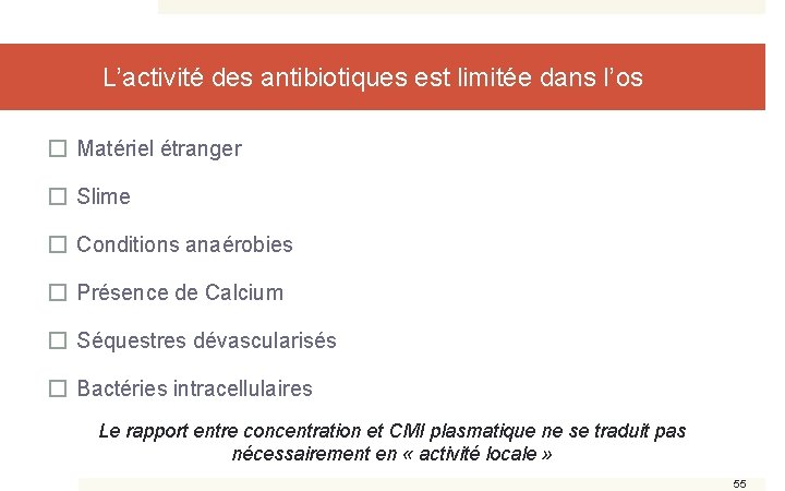 L’activité des antibiotiques est limitée dans l’os � Matériel étranger � Slime � Conditions