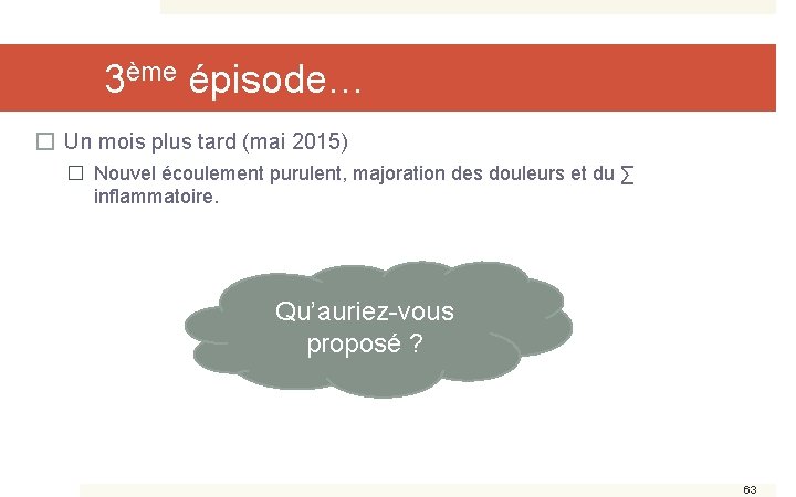 3ème épisode… � Un mois plus tard (mai 2015) � Nouvel écoulement purulent, majoration