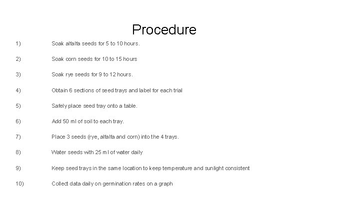 Procedure 1) Soak alfalfa seeds for 5 to 10 hours. 2) Soak corn seeds
