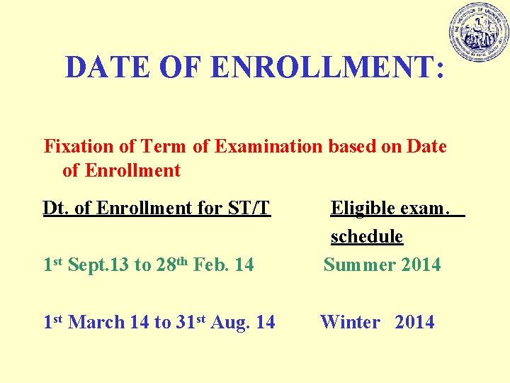 DATE OF ENROLLMENT: Fixation of Term of Examination based on Date of Enrollment Dt.