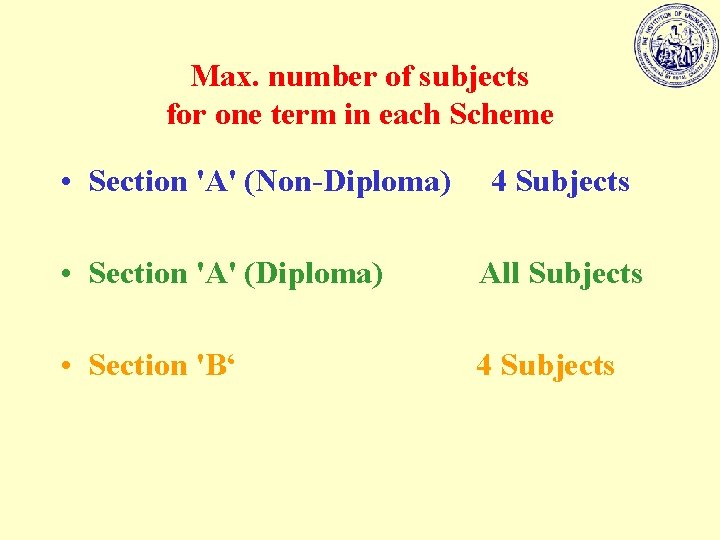 Max. number of subjects for one term in each Scheme • Section 'A' (Non-Diploma)