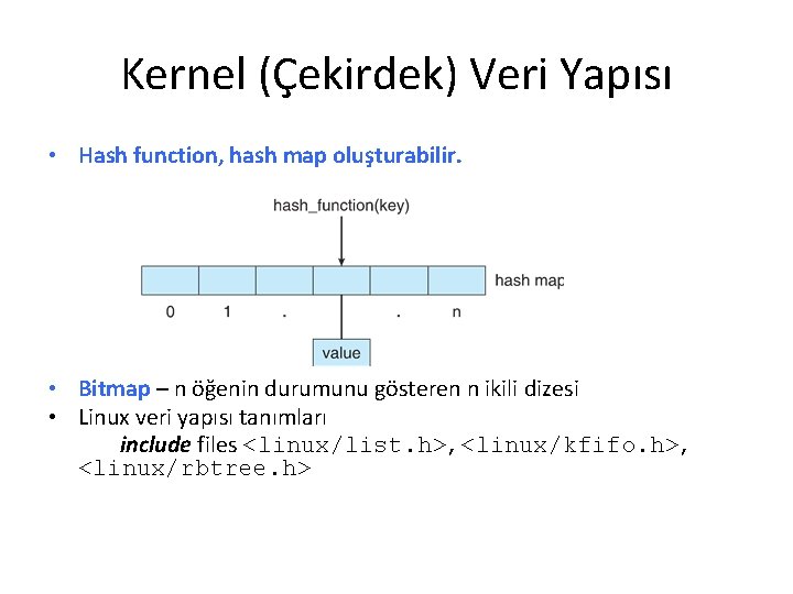 Kernel (Çekirdek) Veri Yapısı • Hash function, hash map oluşturabilir. • Bitmap – n