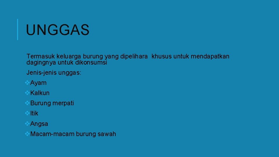 UNGGAS Termasuk keluarga burung yang dipelihara khusus untuk mendapatkan dagingnya untuk dikonsumsi Jenis-jenis unggas: