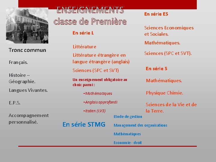 ENSEIGNEMENTS classe de Première En série L Tronc commun Français. Histoire – Géographie. Langues