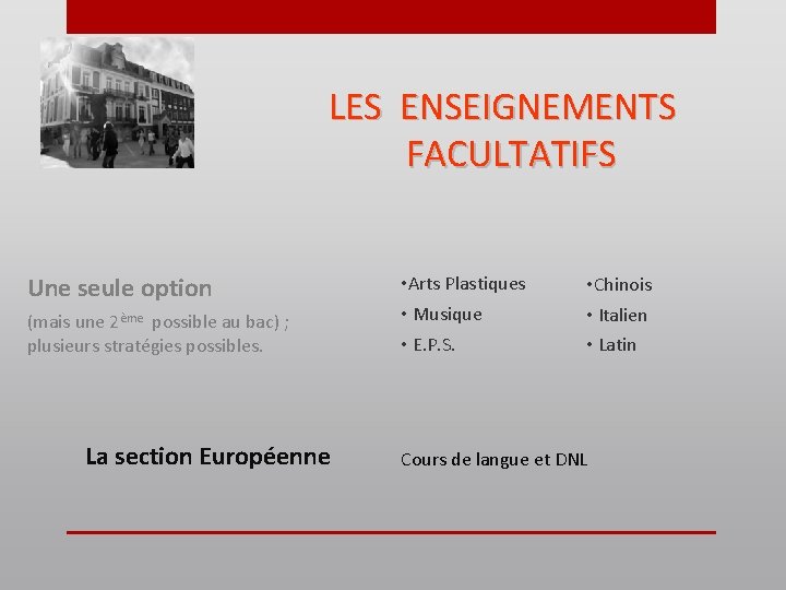 LES ENSEIGNEMENTS FACULTATIFS Une seule option (mais une 2ème possible au bac) ; plusieurs