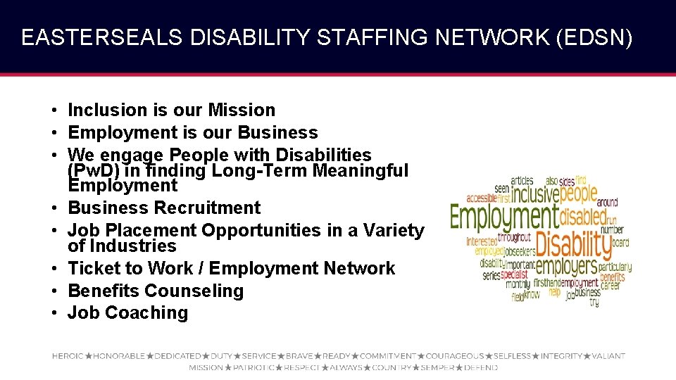 EASTERSEALS DISABILITY STAFFING NETWORK (EDSN) • Inclusion is our Mission • Employment is our