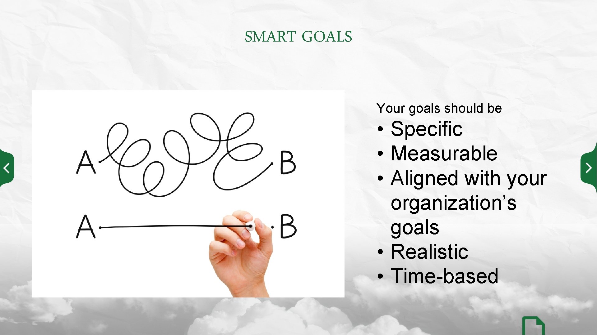 SMART GOALS Your goals should be • Specific • Measurable • Aligned with your