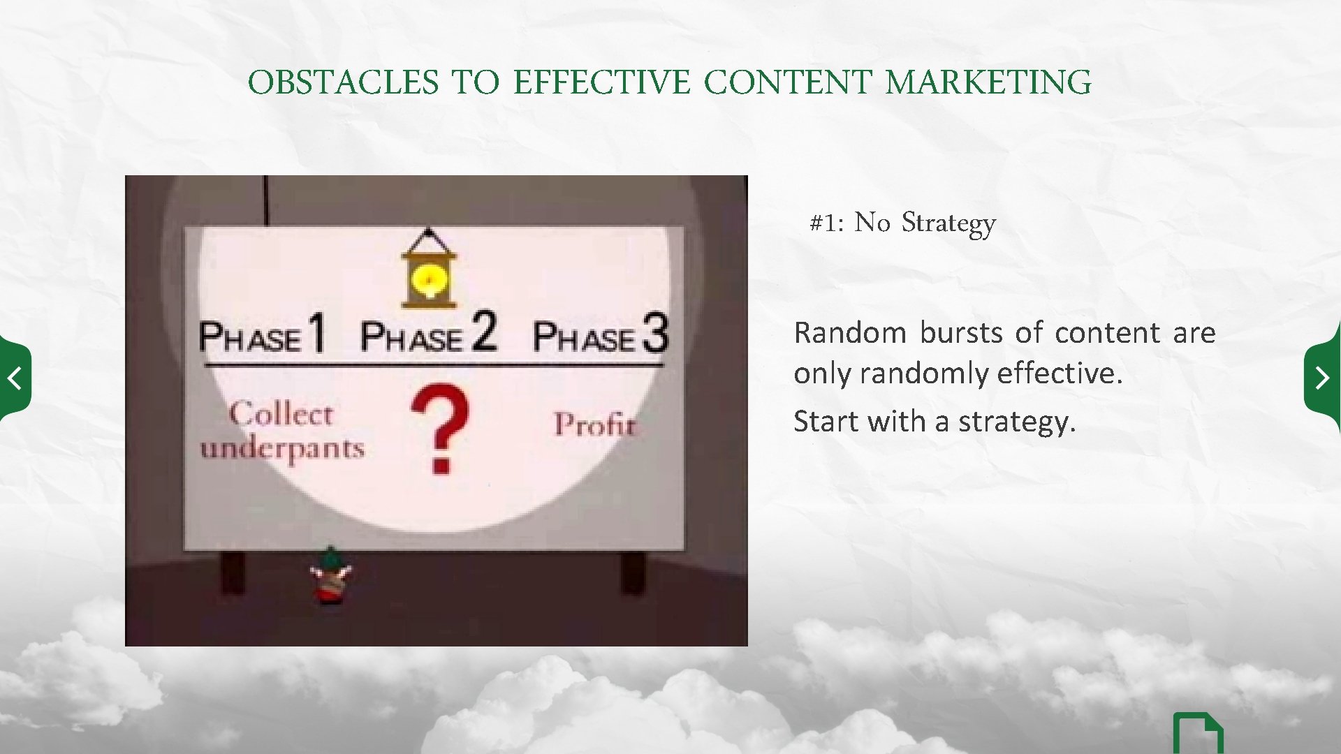 OBSTACLES TO EFFECTIVE CONTENT MARKETING #1: No Strategy Random bursts of content are only