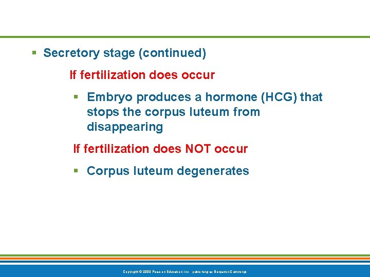 § Secretory stage (continued) If fertilization does occur § Embryo produces a hormone (HCG)